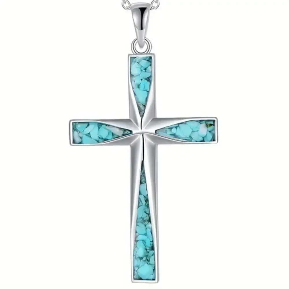 925 Silver Necklace w/ Turquoise Cross Western Christian Birthday Anniversary